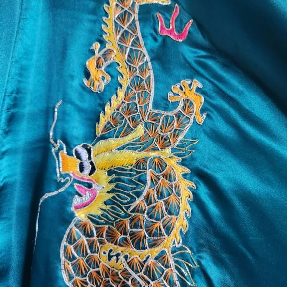 Vintage Silk Robe Phoenix Dragon Motif Teal Blue Medium